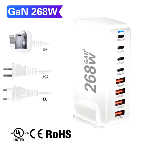 268W Multi-ports USB Type C Fast Charger Mobile Phone White