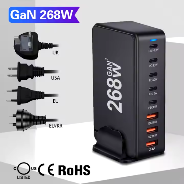 268W Multi-ports USB Type C Fast Charger Mobile Phone Black