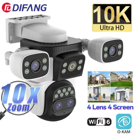 10K UHD WiFi6 Camera 20MP Wireless Outdoor 10X Zoom Four Screen Four Lens PTZ Automatic Tracking Waterproof Security Camera CCTV