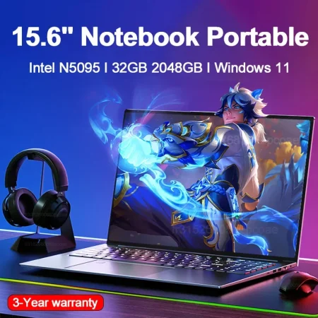 15.6" Portable Laptop 32GB Ram DDR4 2TB SSD Windows 11 Notebook Pc Gamer Intel N5095 Office Computer with Backlit Fingerprint